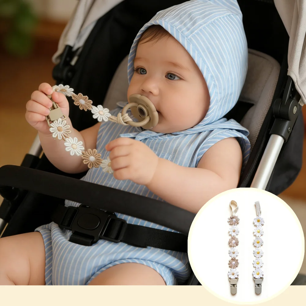 2pcs Daisy Pacifier Clip for Boys & Girls, Floral Macrame Baby Paci Holder Leash, Boho Wooden Handmade Newborn Gift, Daily Use U