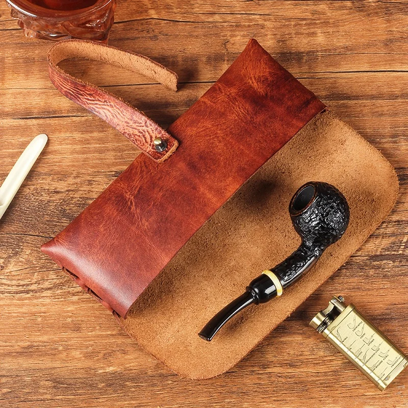 Vintage Cow Leather Pipe Bag Handheld Tobacco Pipe Storage Pouch Men Portable Smoking Accessories Travel Carry Organizer