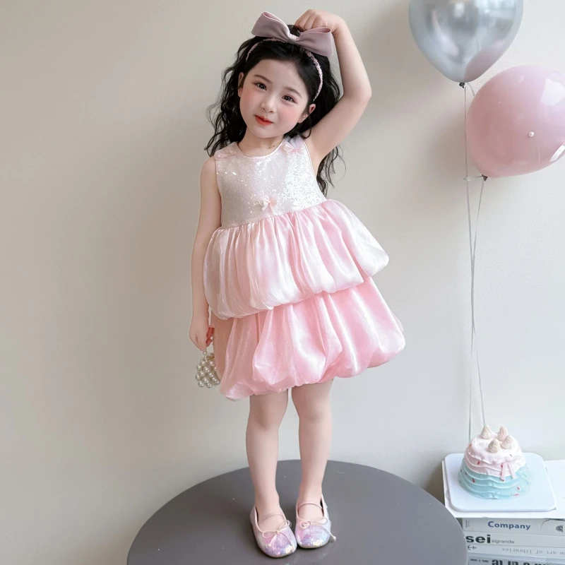 Summer 2026 New Stylish Children's Sequined Sleeveless Patchwork Satin Cake Skirt Dress