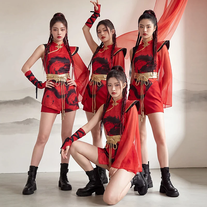 Women Jazz Dance Costume Chinese Style Performance Wear Red Qipao Collar Stage Outfit Kpop Group Performance Dance Clothes 4296