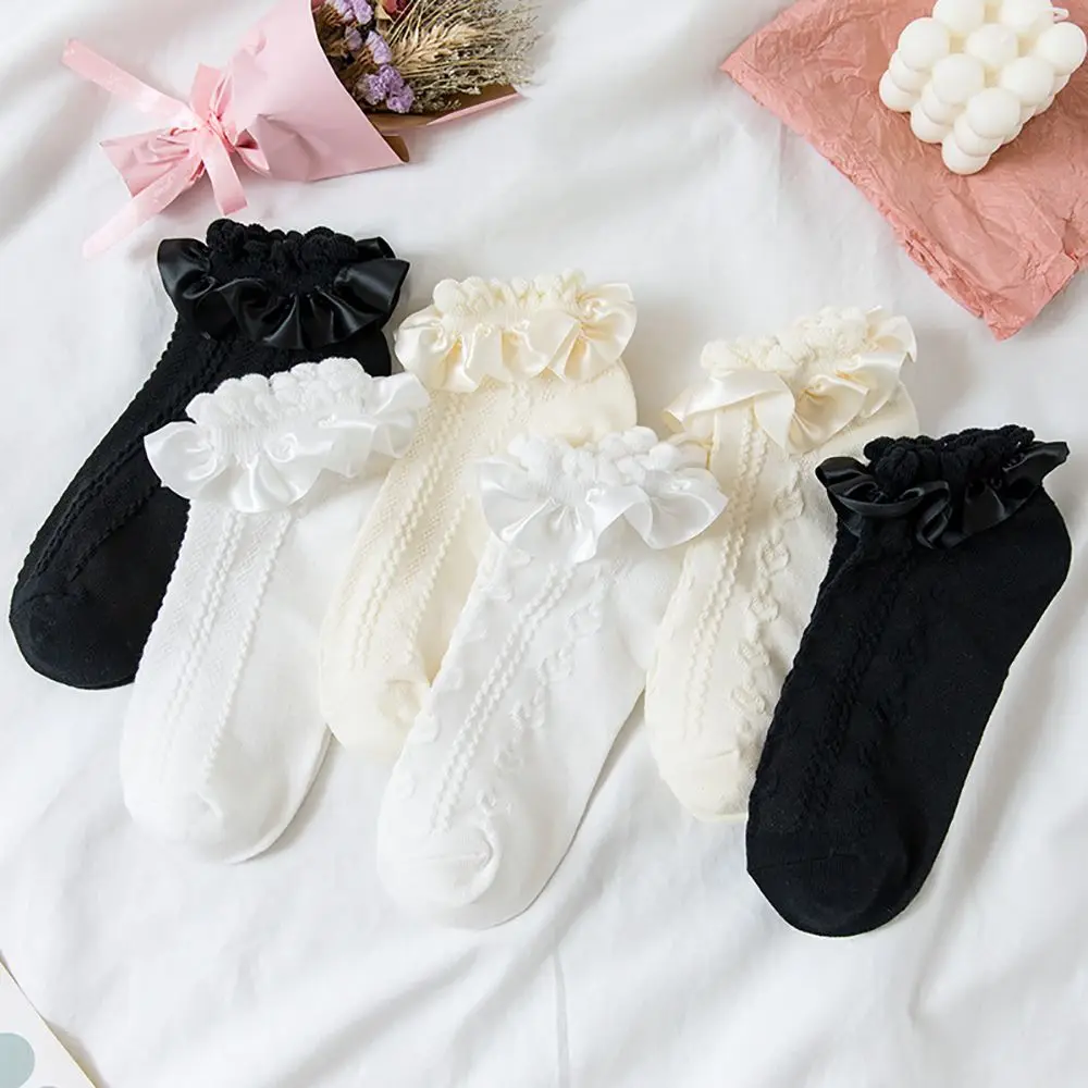 Thin Kawaii Women Twist Pure Color Girls Ruffle Short Socks Lolita Socks Lace  Hosiery Cotton