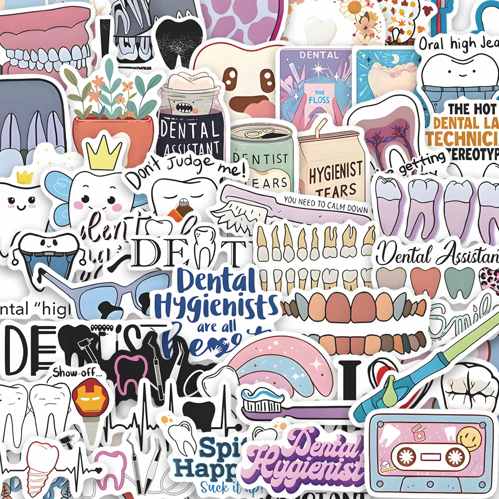 50Pcs Cute Dental Tooth Shaped Stickers Cartoon Teeth Sticker Dentist Store Toothbrush Label Decoration Dentistry Gifts