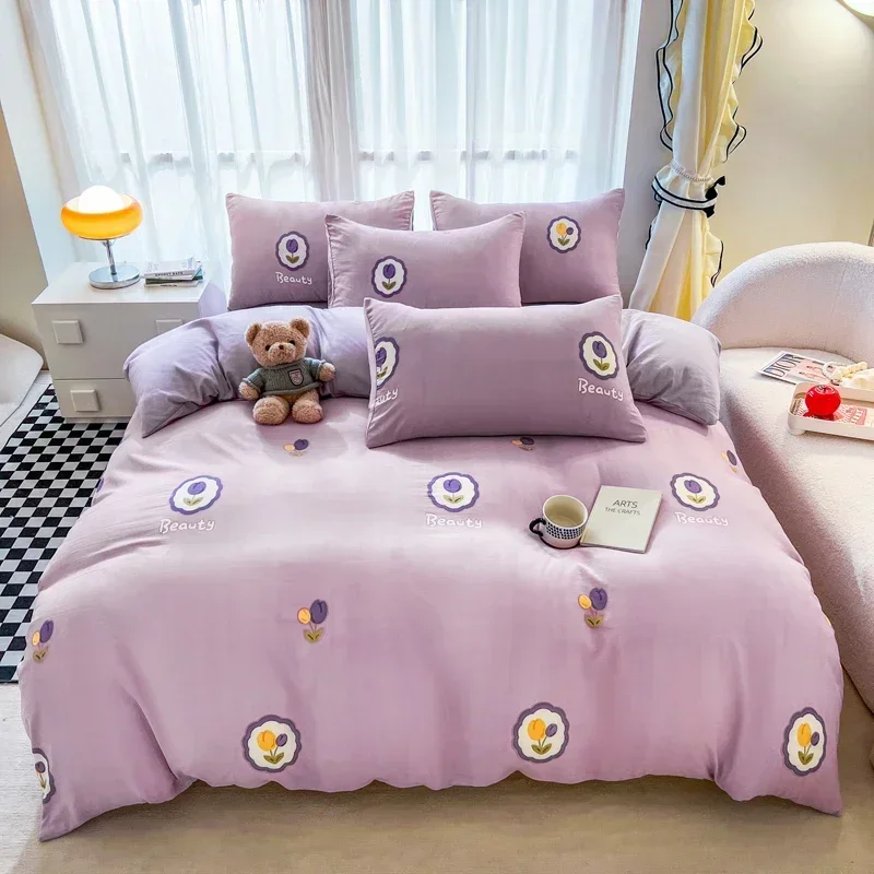 

3pcs Purple Floral Duvet Cover Set Girls Women Solid Color Bedding with 2 Pillowcases Comfortable Single Queen Comforter Cover