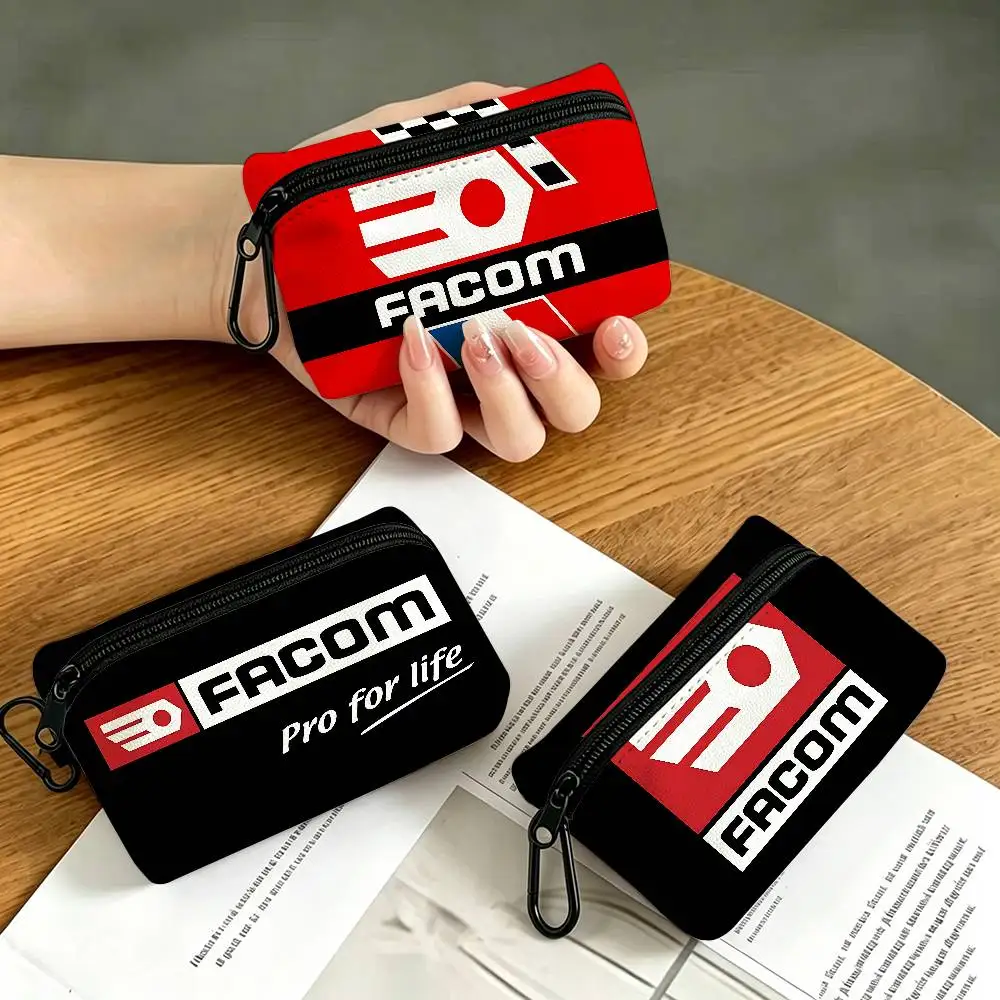 FACOM Logo White Oxford Cloth Zipper Coin Purse Lightweight Hanging Key Pouch Card Holder For Daily Use