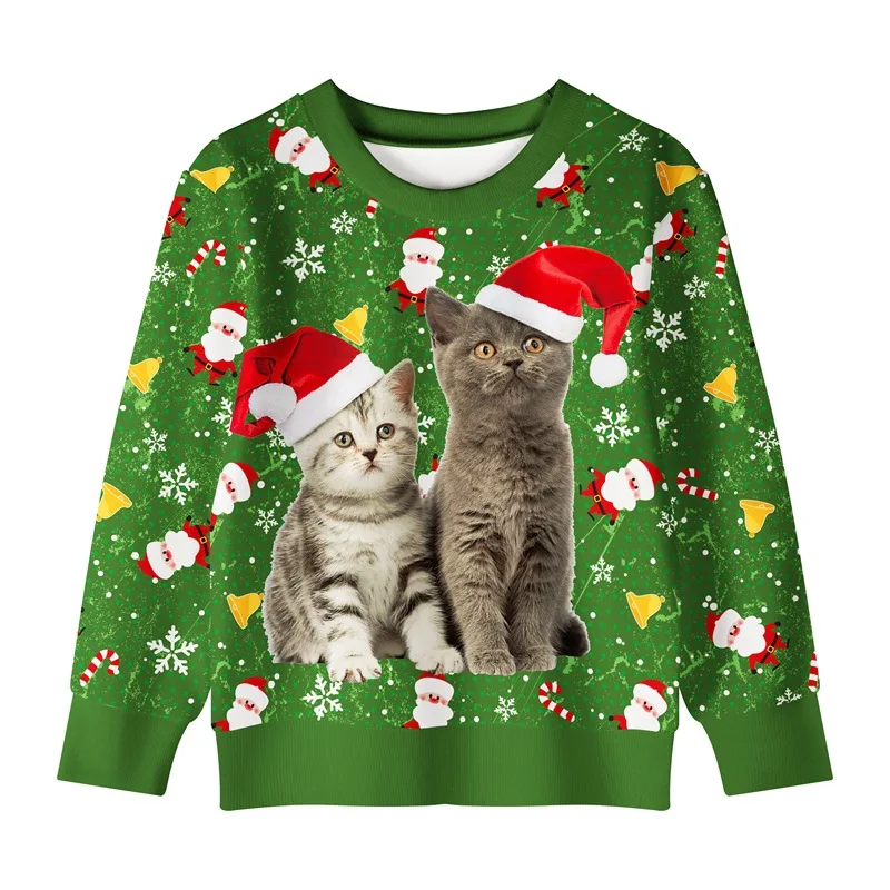 

Kids Santa Claus Christmas Costume for Boys Girls Hoodies Green Xmas Clothes Children Party Clothing Cute Cat Dog Print Outfit