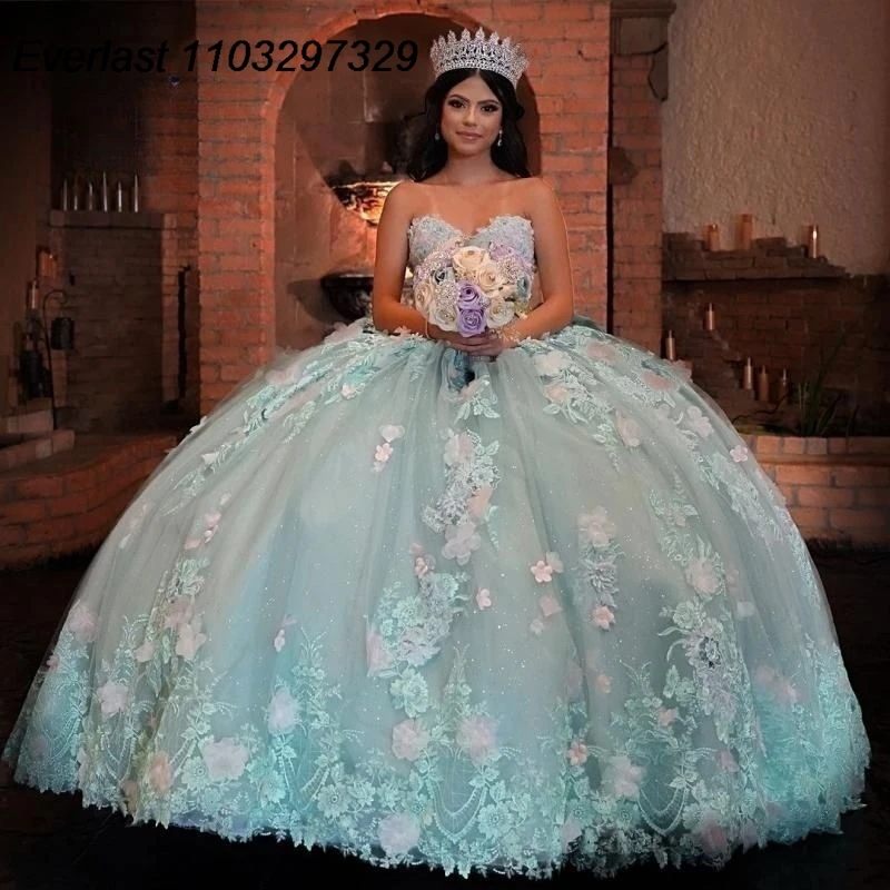 

EVLAST Mint Green Quinceanera Dress Ball Gown Pink Floral Applique Beading Mexican Corset Sweet 16 Vestidos De XV 15 Anos TQD731