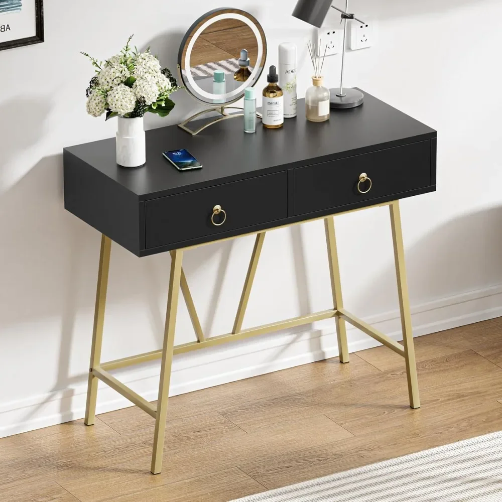 

%a Anmytek Home Office Desk Black Writing Desk with 2 Drawers Modern & Simple Makeup Vanity Study Table Small Computer Desk