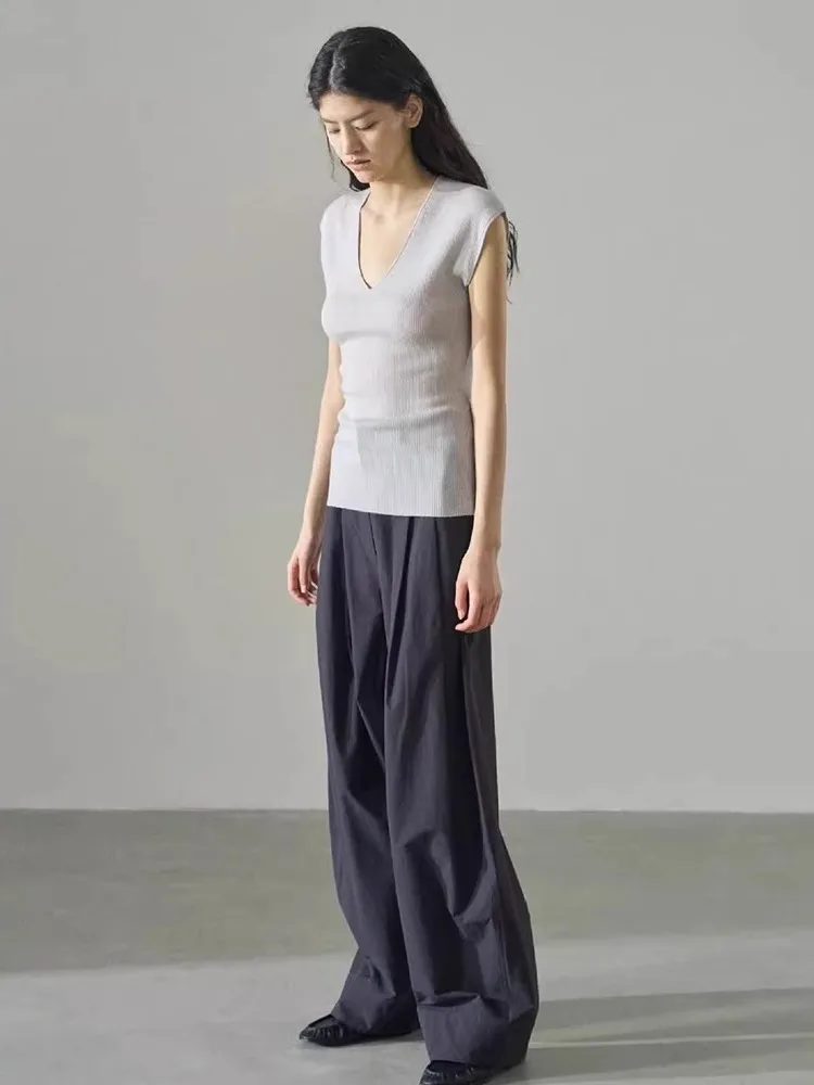 Ele V-Ne Ice Silk Svel Vest Top Women's Faion Summer Slim Fit Layering T-irt Trendy Commute Sle Regular Cut