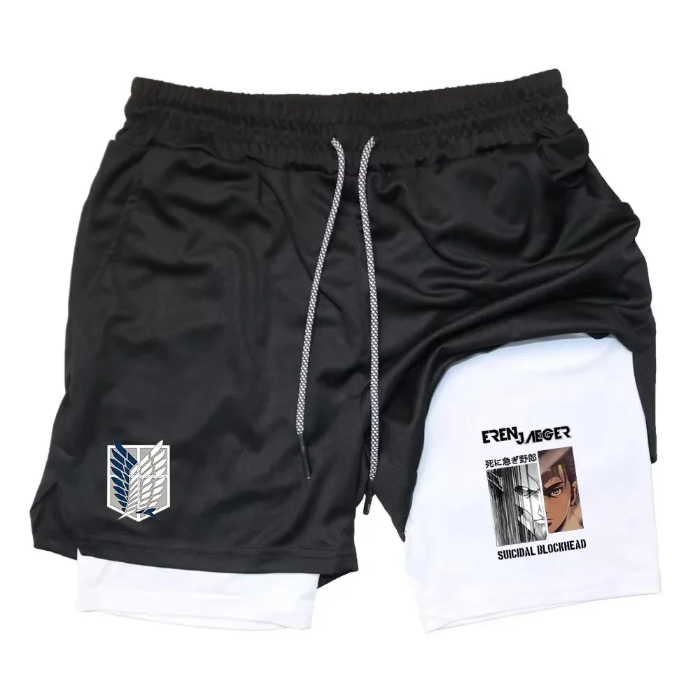 Attack on Titan Anime Printed Double Layer Sports Shorts Gym Running Quick Drying Outdoor Training Summer 2-in-1 Shorts Activity