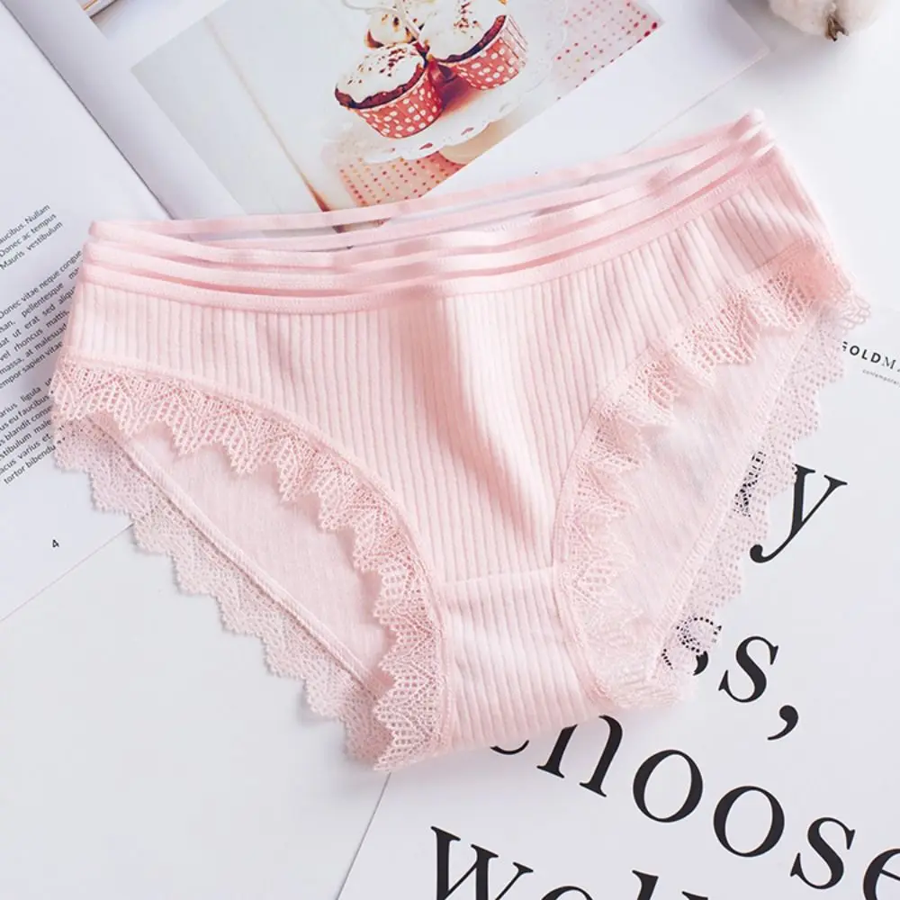 Comfortable Low Waist Lace Briefs Solid Color Cotton Crotch Ruffled Bow Panties Underpants Thin Underwear for Women Gifts