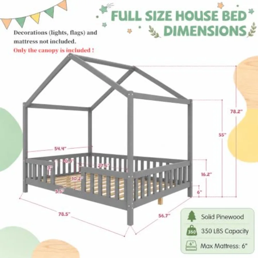 Montessori House Bed with High Rails, Wood Low Floor Bed with Roof and Canopy, Beds Frame for Girls Boys, No Box Spring Needed,