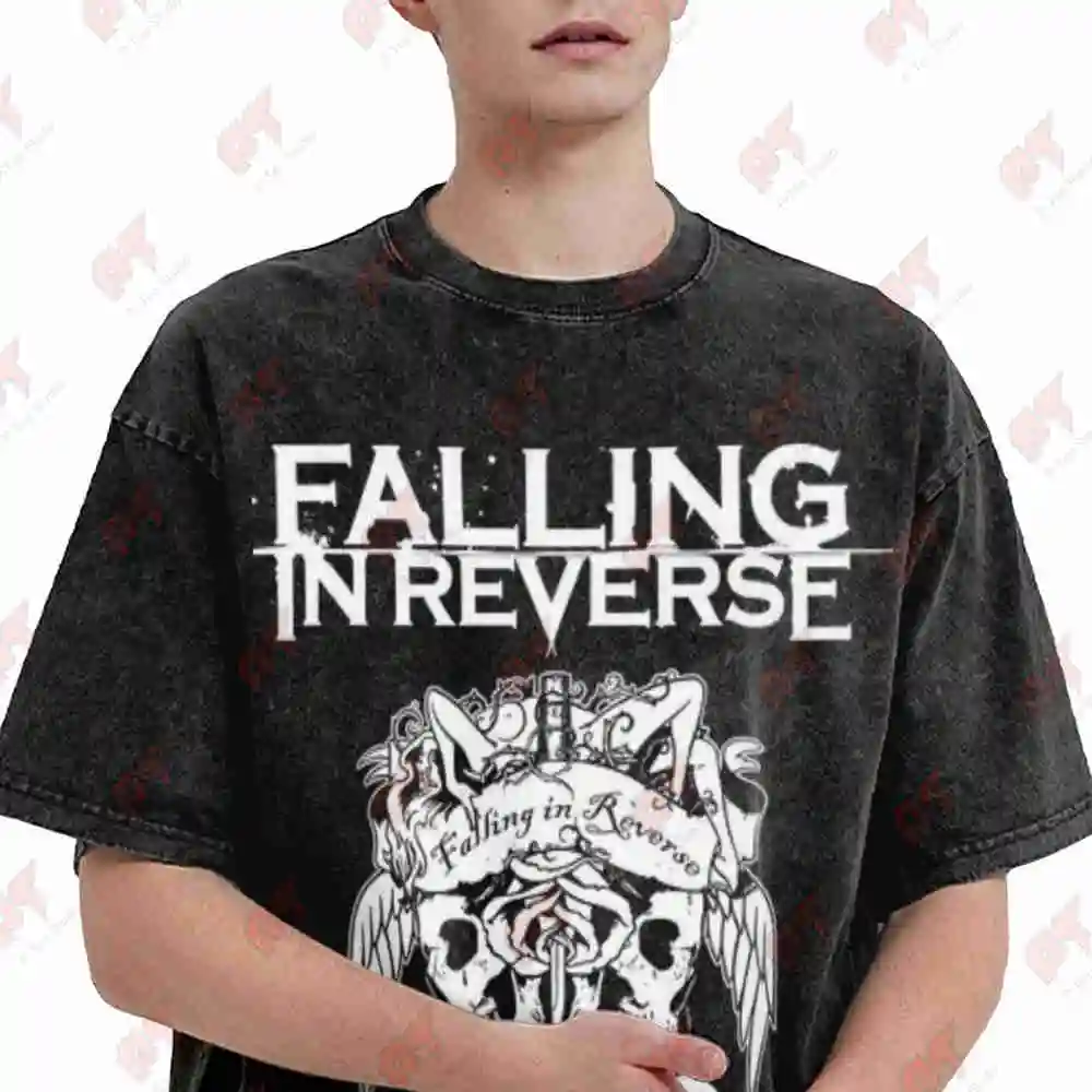 Falling In Reverse Rose Skull Post Hardcore Rock Dark Art Vintage Washed Tee Pure Cotton T-Shirt