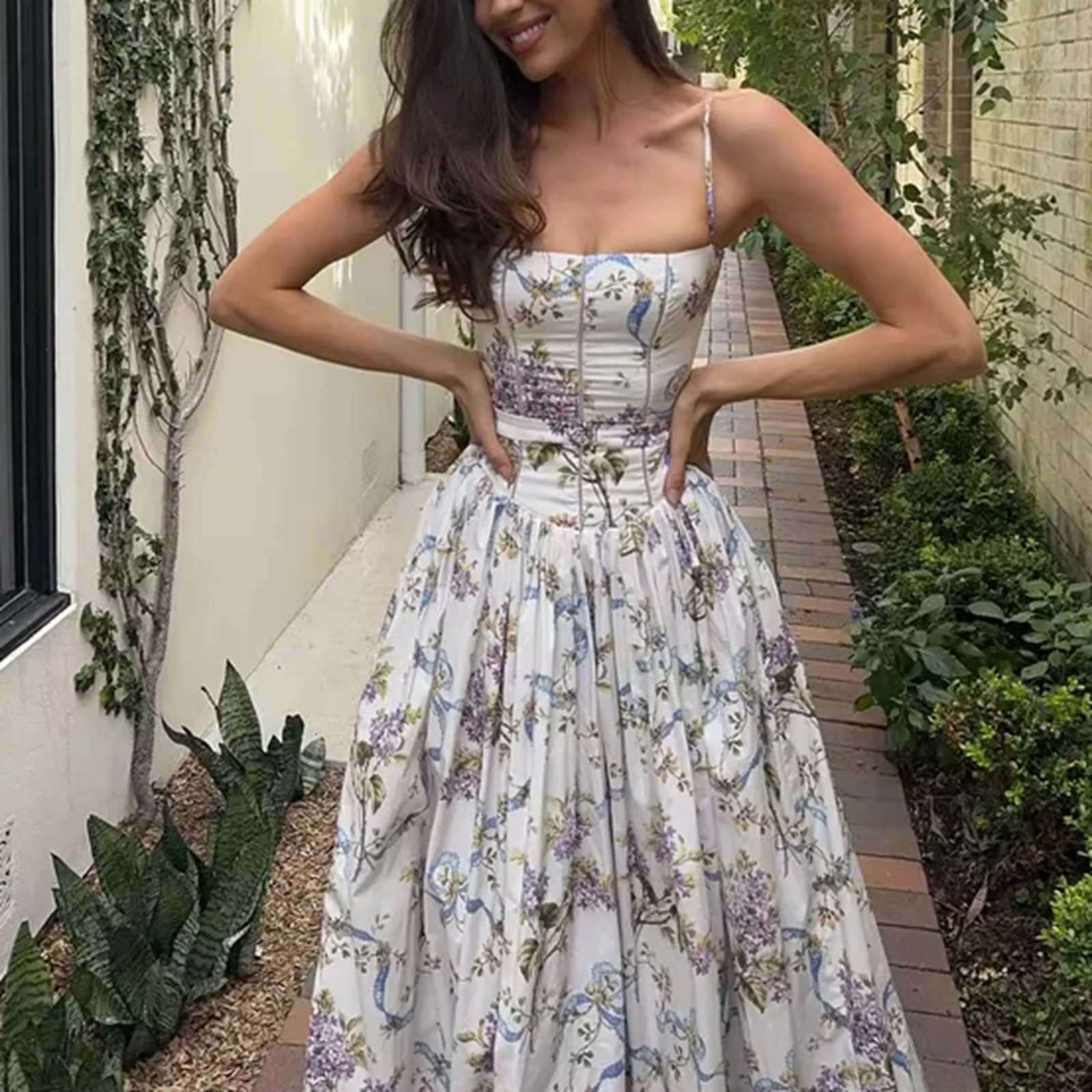 ผู้หญิงฤดูร้อนยาวชุดเดรสแขนกุดดอกไม้พิมพ์ชุดสำหรับชายหาดวันหยุดปาร์ตี้สวมใส่สตรีทแวร์