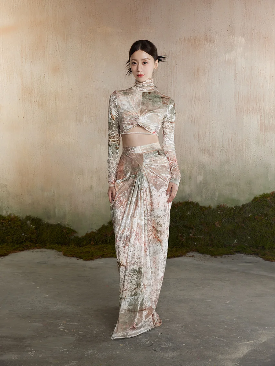 

ONMOON осень-зима модный принт длинный све накладная основа irt винтажный одношаговый комплект с юбкой феи женская мода