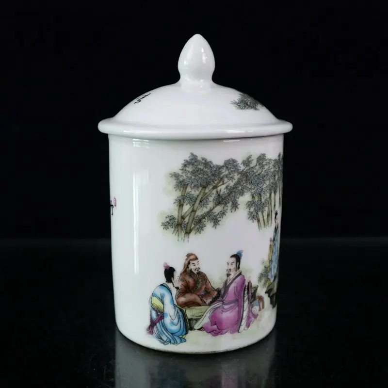 Chinese Old Porcelain Pink Bamboo Grove Seven Sages Pattern Cover Cup