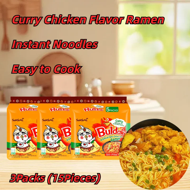 [3Packs 15 Stuks] Koreaanse Buldak Noedels Roergebakken Pittige Kip Ramen - Curry Smaak, 4.94Oz * 5 Stuks * 3Packs, Instant Noedels