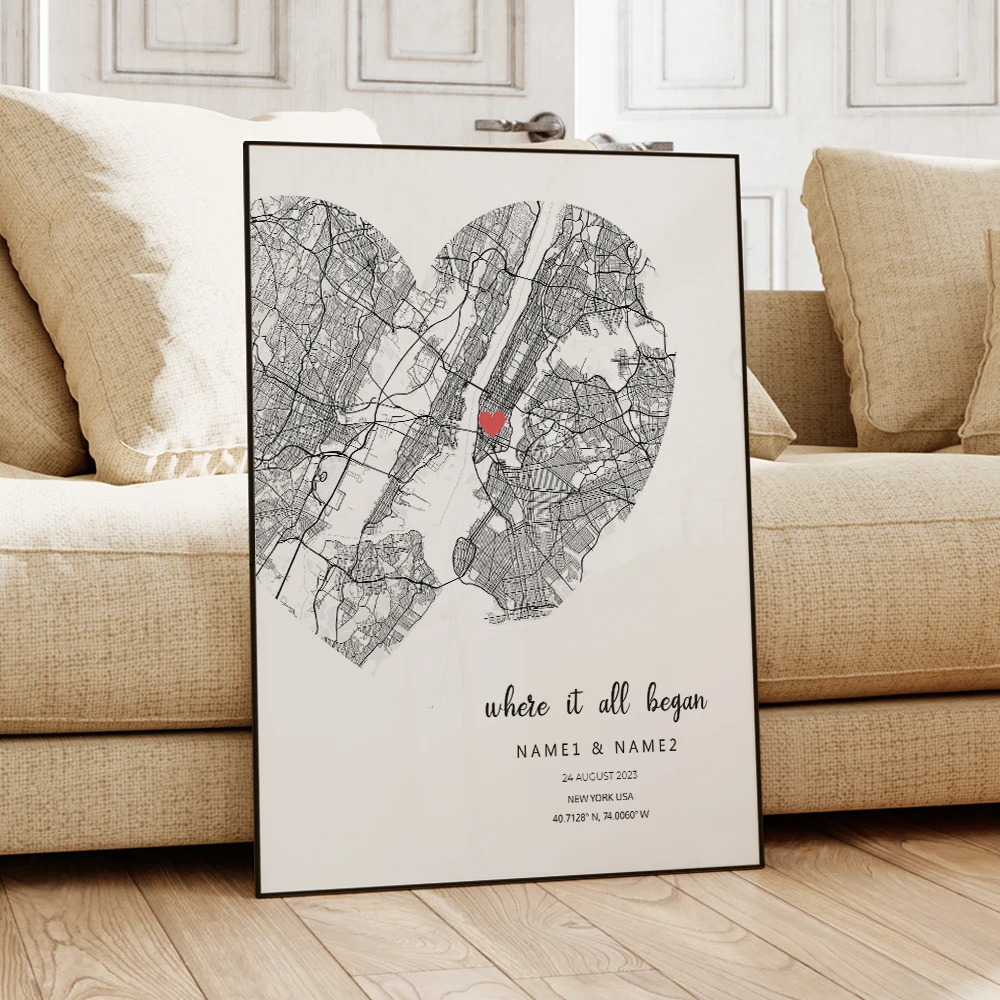 Modern Custom Personalized Couple Color City Map Wall Art Canvas Poster Prints Paintings Picture For Living Room Home Decor Gift