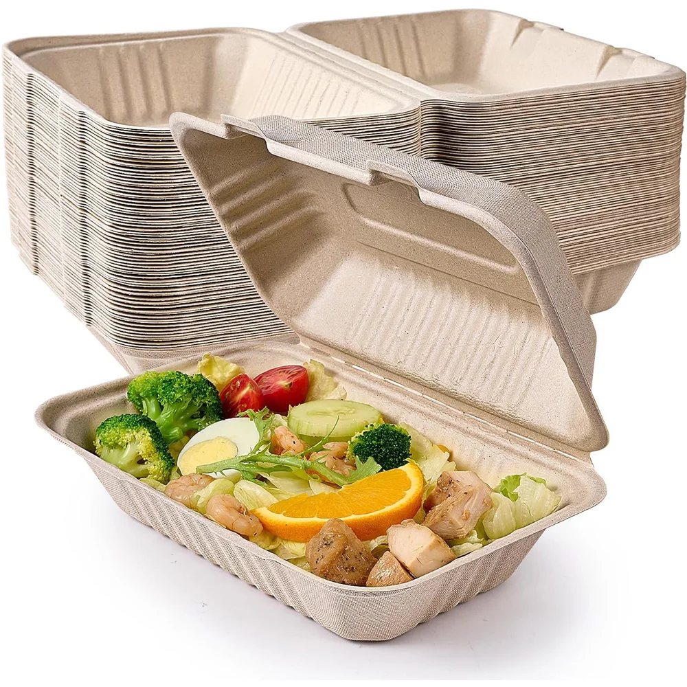 Clamshell Take Out Food Containers Compostable To Go Containers Disposable, 9X6 inch Heavy-Duty To Go Boxes, Eco-Friendly