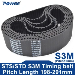 POWGE STD S3M Timing belt Lp=198-291mm 201 204 207 210 213 216 219 222 225 228 231 234 237 240 243 246 249 252 255 258 261 264