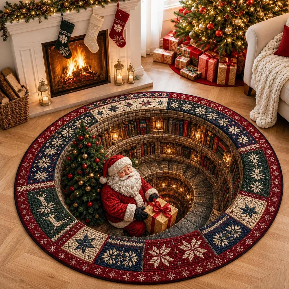 Christmas Santa Claus Round Rug welcome rug Buffalo Plaid Swirl Mat Splendid Bedroom Entryway Living Room Warm Area Rug Gift