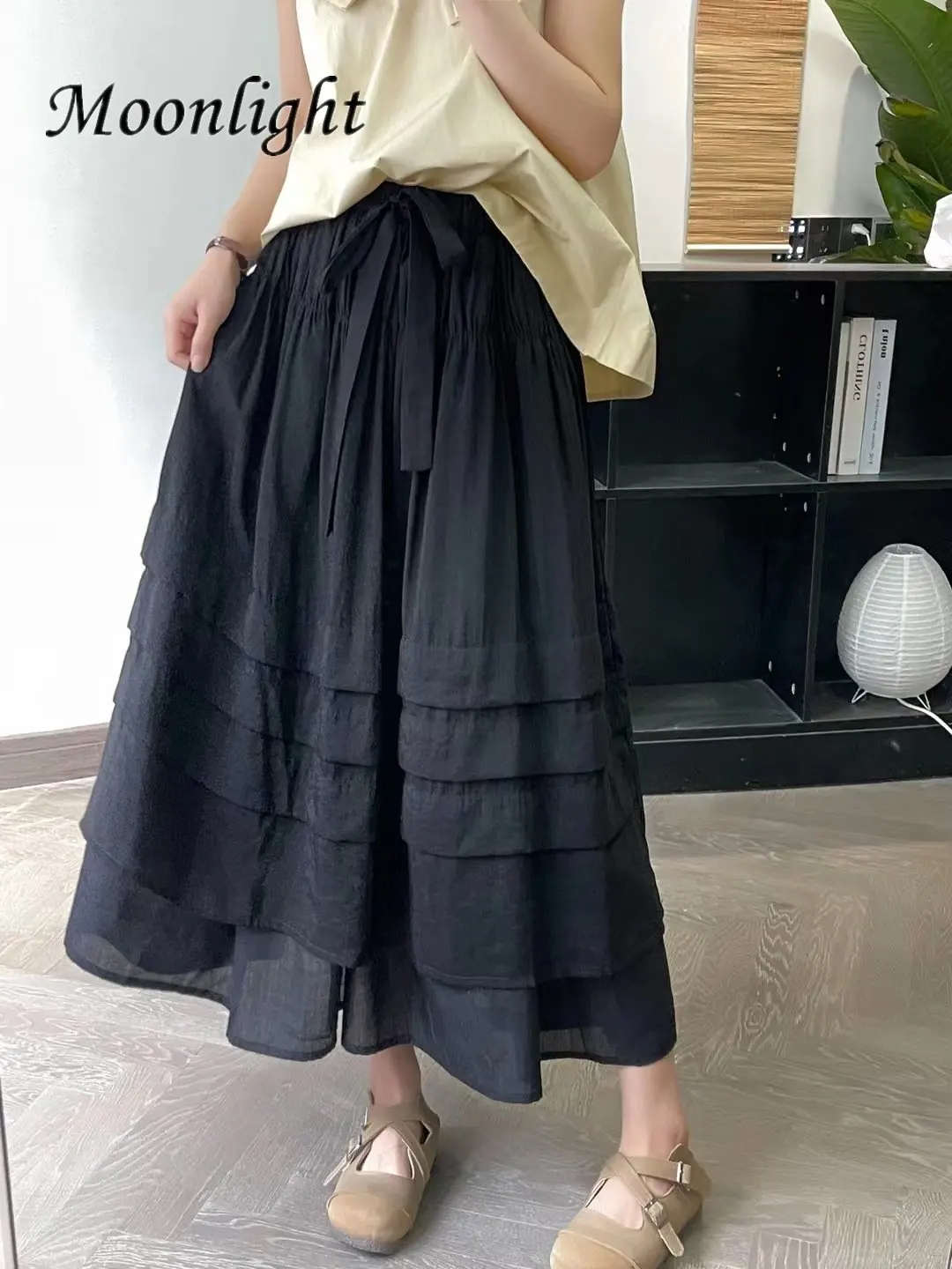 Japanese Multilayer Cotton Linen Skirts Women Harajuku Fashion Mori Girl Elastic Waist Solid Color Lace Up Elegant A-Line Skirt