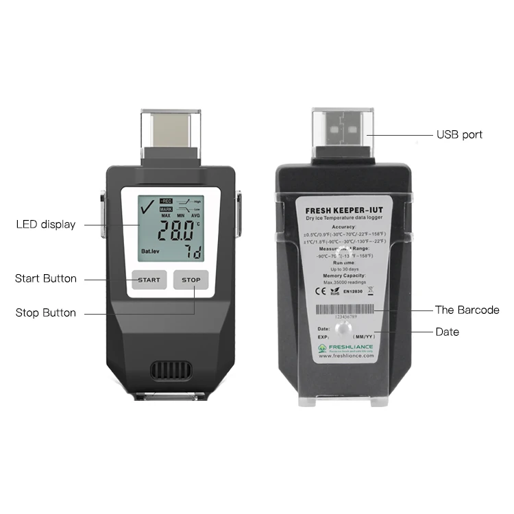 Guardião fresco IUT -90 ° Registrador de dados de temperatura industrial ultra baixa de gelo seco USB C