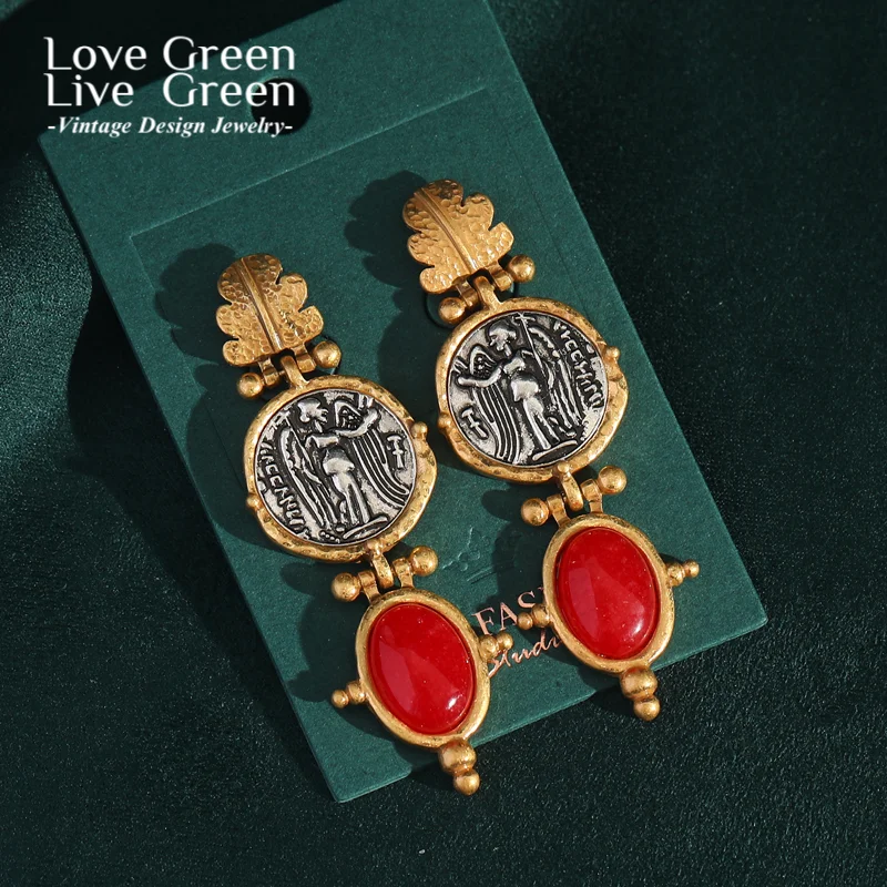 

Vintage Long Red Natural Stone Drop Coin Earrings Pendant Antique Gold Color Jewelry Accessories For Woman Luxury Designer 2025