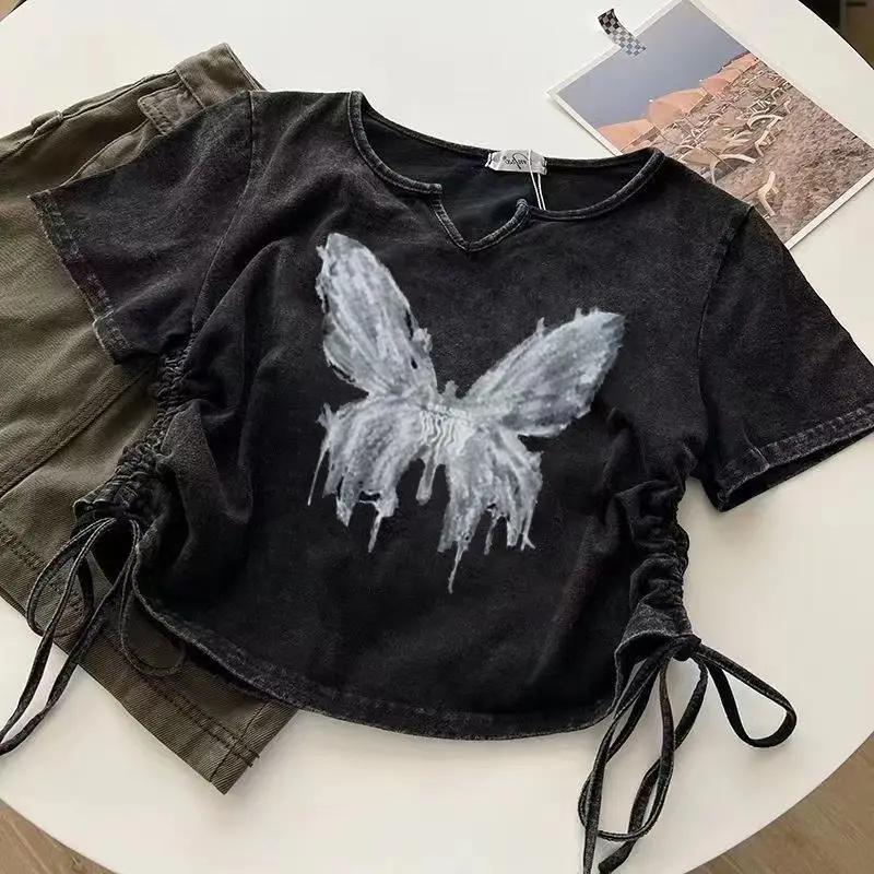 Y2k Gewaschenes Schwarzes Crop-Top Kurzarm-T-Shirt für Damen mit Schmetterlingsdruck Sommer Vintage Kleidung Übergroße Crop-Tops mit Kordelzug – Detail 2