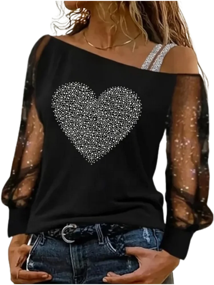 Transparent Sleeves Sequins Zircon Printed Tops Women\'s Off Shoulder Silver Straps T-Shirts