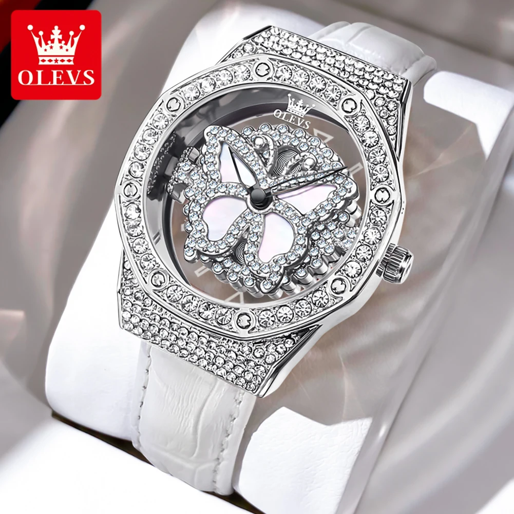OLEVS Women's Watches Casual Trend Daily Dress Leather Strap Butterfly Dial Original Brand Quartz Wristwatch for Lady Waterproof