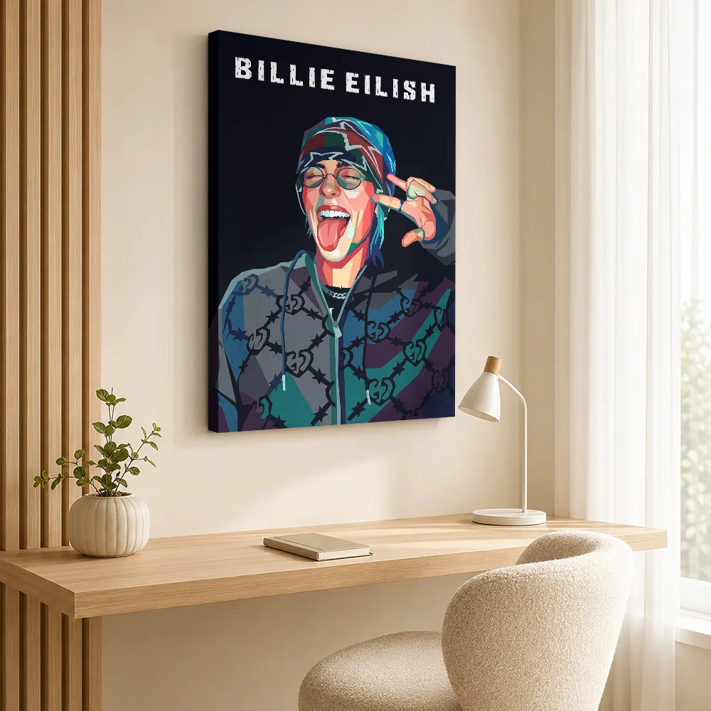 Billie Eilish Portrait Framed Canvas Print Personalized Photo Geometric Color Blocking Wall Art For Bedroom Listening Corner