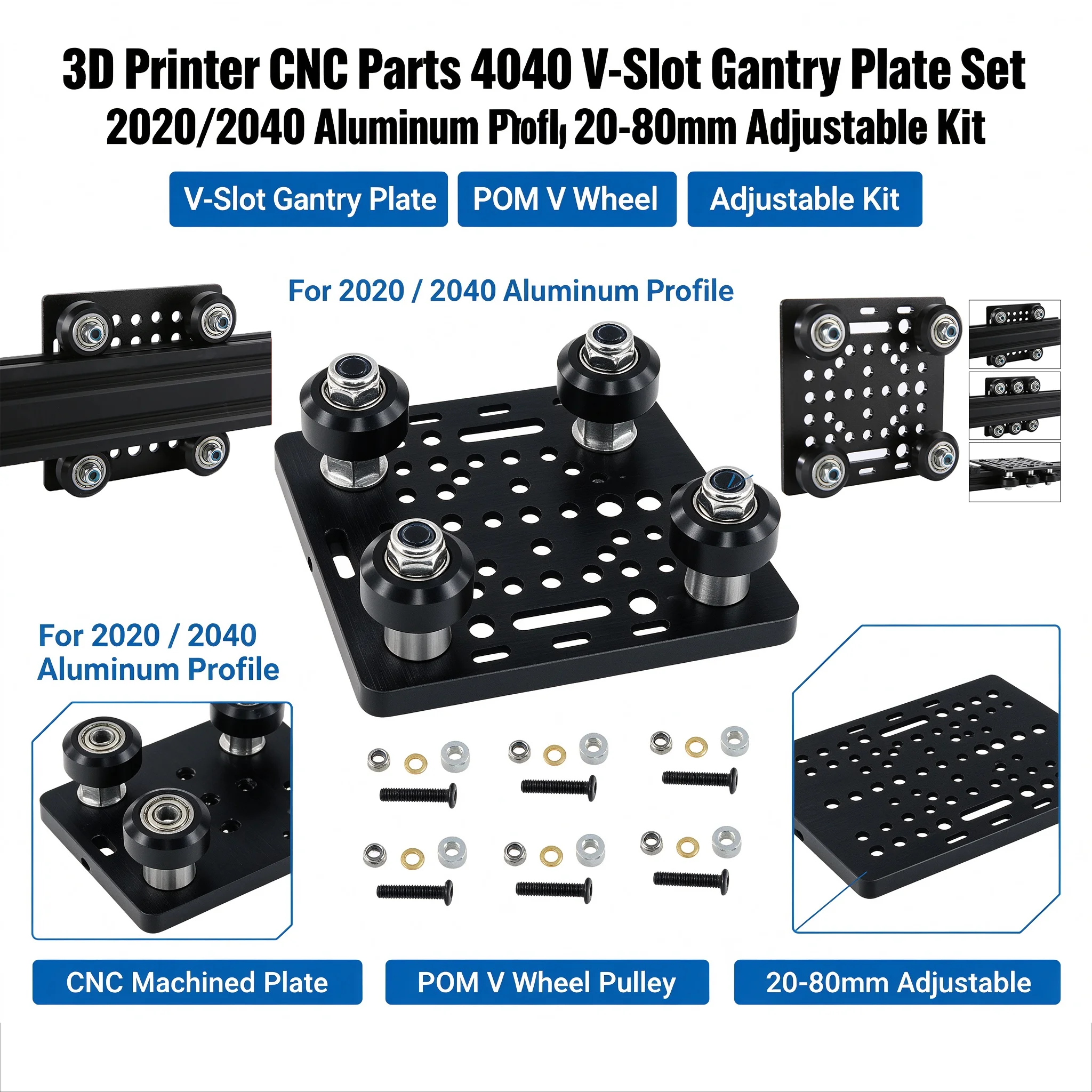 3D Printer CNC Parts 4040 V‑Slot Gantry Plate Set Adjustable POM V Wheel Pulley Block Fit 2020 2040 Aluminum Profile 20‑80mm Kit