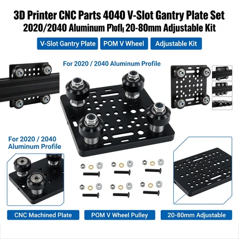 3D Printer CNC Parts 4040 V-Slot Gantry Plate Set 2020/2040 Aluminum Profile POM V Wheel Pulley Block 20-80mm Adjustable Kit