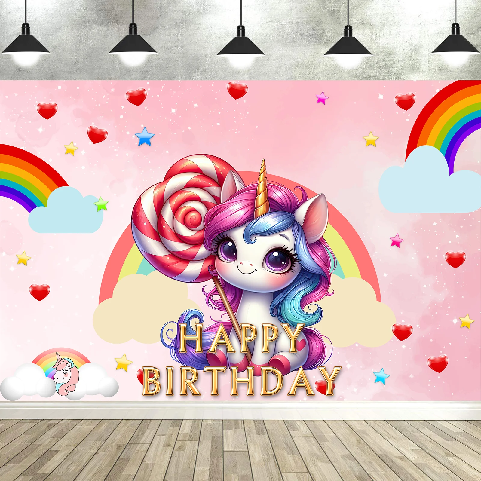 

Rainbow Unicorn Birthday Decorations Backdrop for Girls lollipop Rainbow Car Stars Dots Happy Birthday Banner Photo Booth Prop