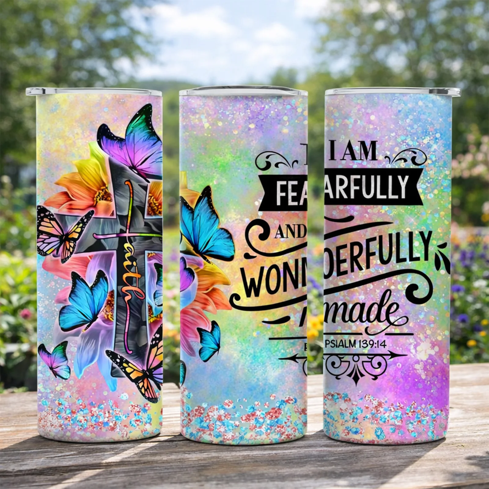 1pc Christian Verse Tumbler 20oz Insulated with Straw & Lid - Double-Wall Vacuum Insulated Suitable for Hot/Cold Drinks
