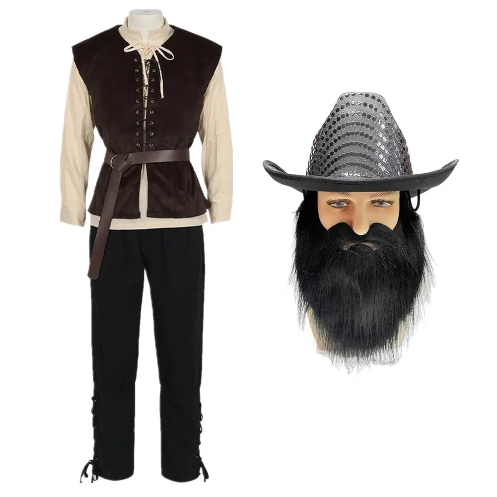 Halloween Medieval Punk Top Hat Wig Beard Men Pants Vest Belt Steam Jacket Gothic Victorian Era Suit Accessories