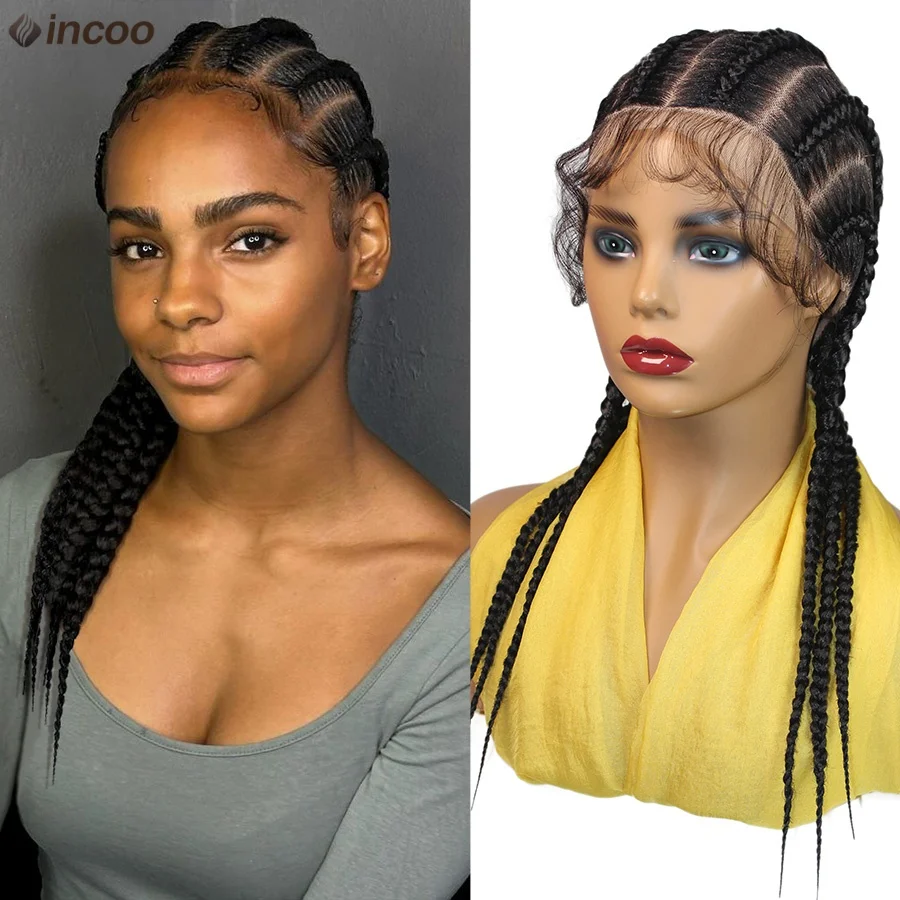 Full Lace Cornrow Box Braided Wig Synthetic Lace Frontal Wigs For Women Pigtails Tribal Jumbo Braids Wig With Baby Hair 6 Stitch