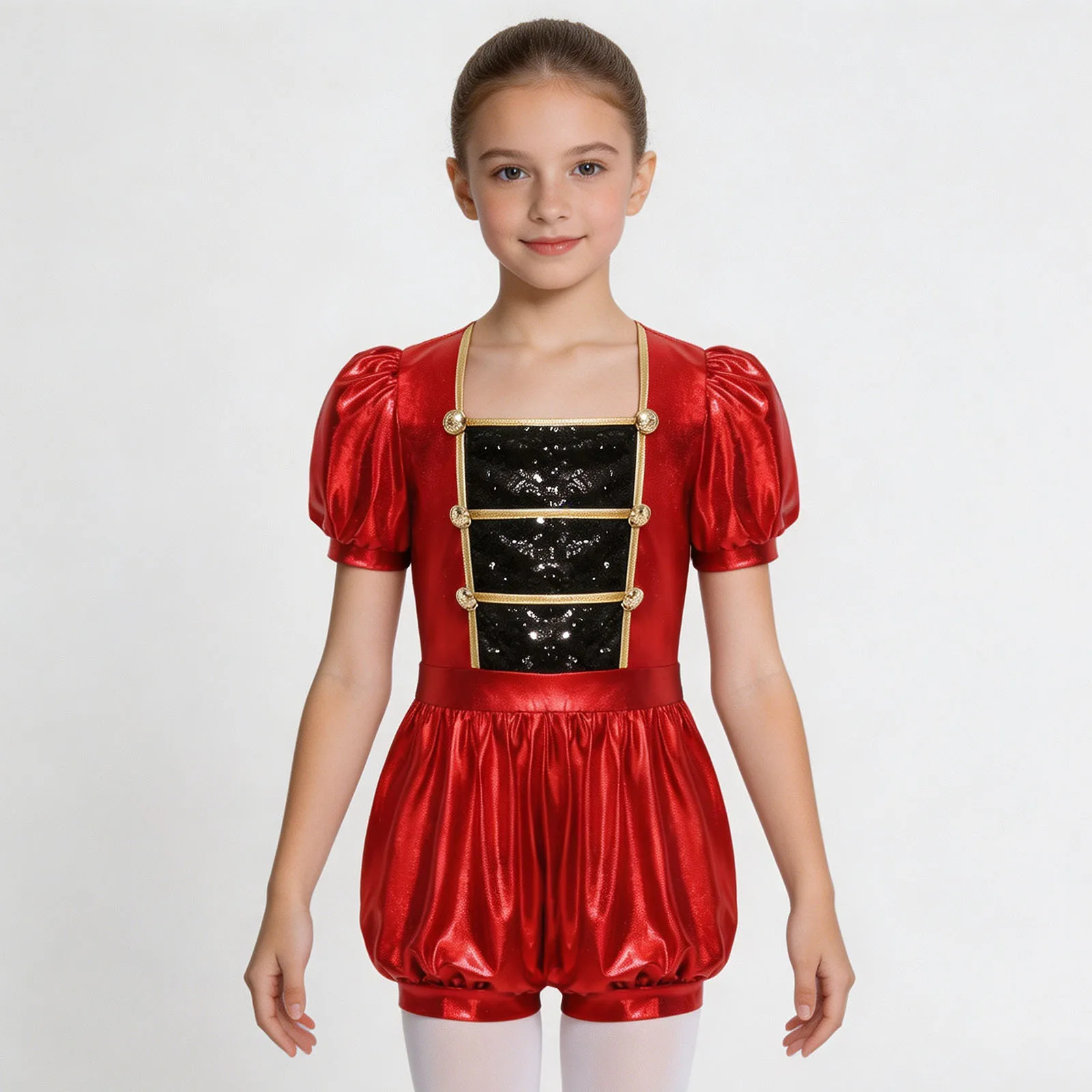 Kids Girls Circus Ringmaster Jumpsuit Short Puff Sleeves Back Zipper Sequins Bodysuit Rompers for Halloween Lion Tamer Costume