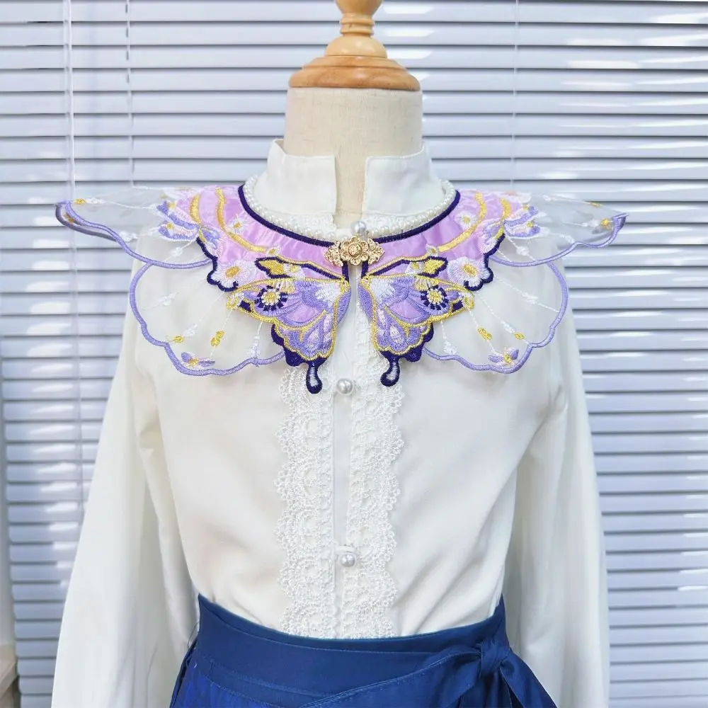 Embroidery Decoration Hanfu Shawl Pearl Butterfly False Floral Yunjian Traditional Round Neck Kids Shirt False Collar