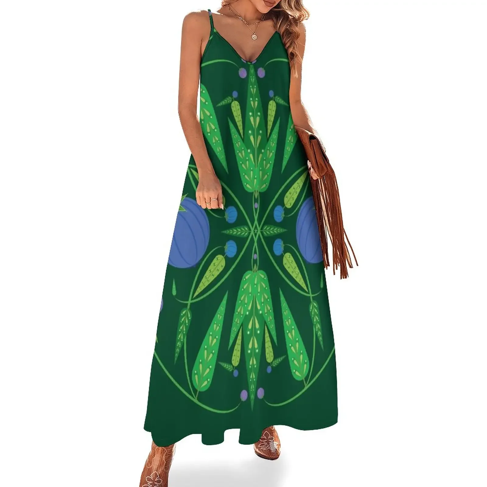 Guardian Of The Blueberries - Dark Green Sleeveless Dress Women's summer skirt elegant and pretty women's dresses