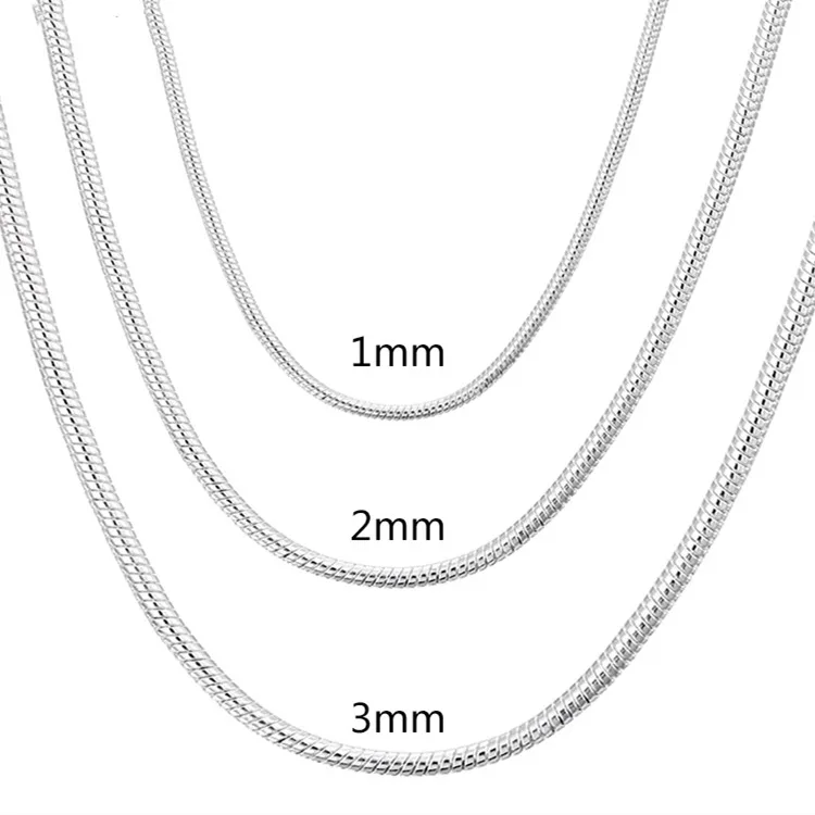 40-75cm 925 스털링 실버 1MM/2MM/3MM 솔리드 스네이크 체인 목걸이, 남성 여성 패션 파티 웨딩 액세서리 쥬얼리 선물