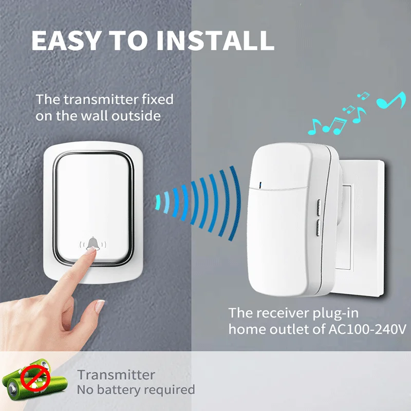 Self-Powered Wireless Doorbell, Household Anti-Theft Door Digital Music Chime Remote Control for Elderly Person's Call Device