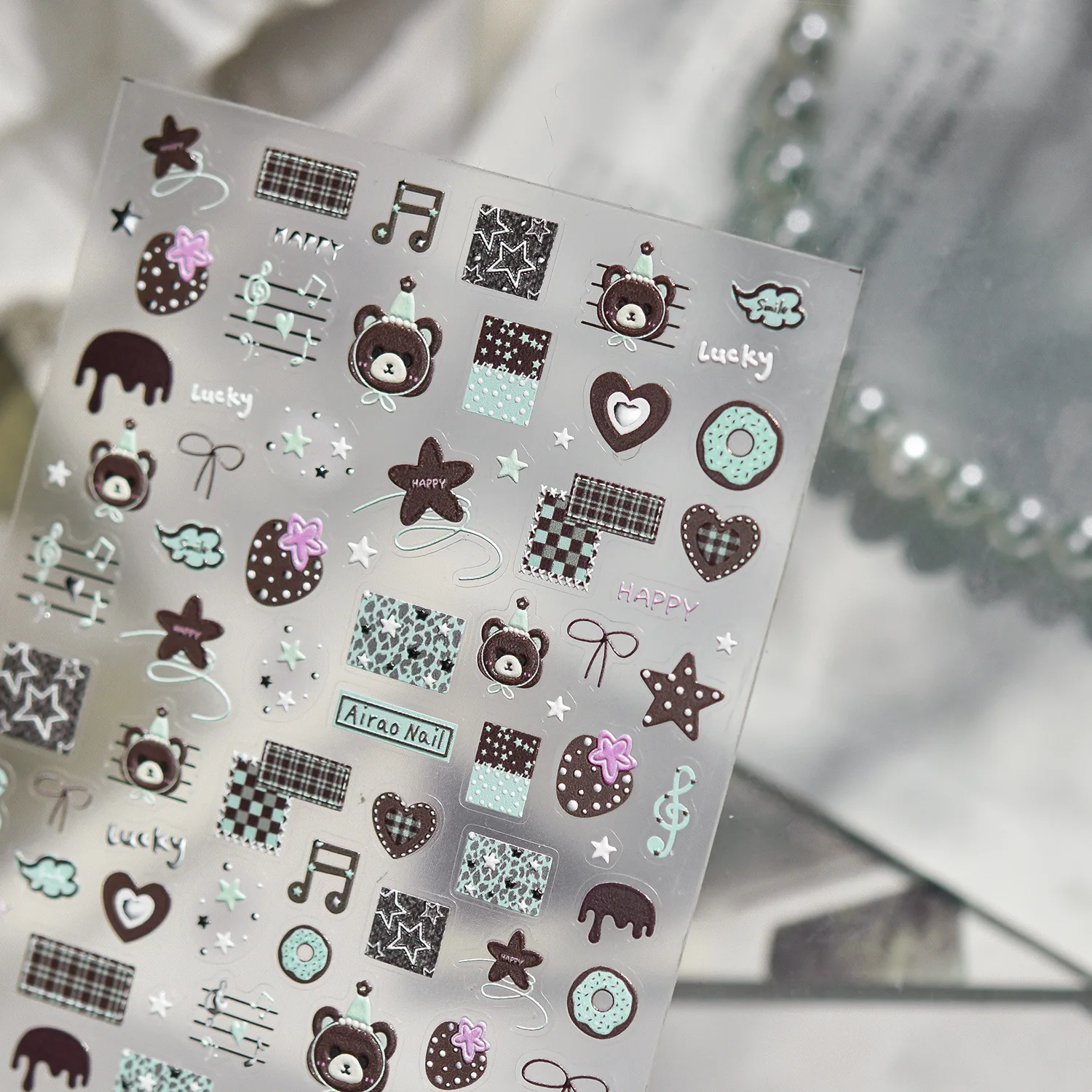 1pcs 5D Embossed Nail Sticker Cute Chestnut Bear Music Symbol Heart Self Adhesive Nail Art Accessories Manicure Decoration Decal