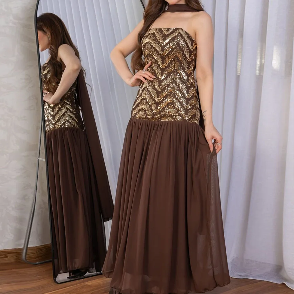 

Customized A-line Evening Dresses Ankle-length Strapless Sleeveless Prom Gown Fashion Sequined Simple Stole Draped Party Gown