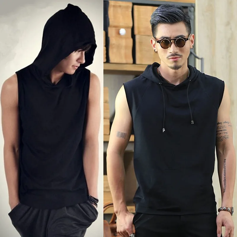 

2025 Vest Hooded Solid Color New Men's Casual Pullover Sports Men's T-shirt Sleeveless Men's Waistcoat Loose Male Men Mens