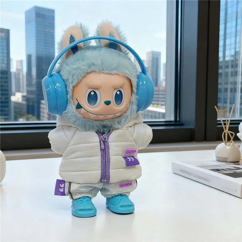 Kurtki puchowe dla lalek Labubu 15-17 cm, odzież narciarska laserowa, modne ubrania, zimowa kamizelka puchowa z jeansami, buty, kompletny zestaw ubrań.