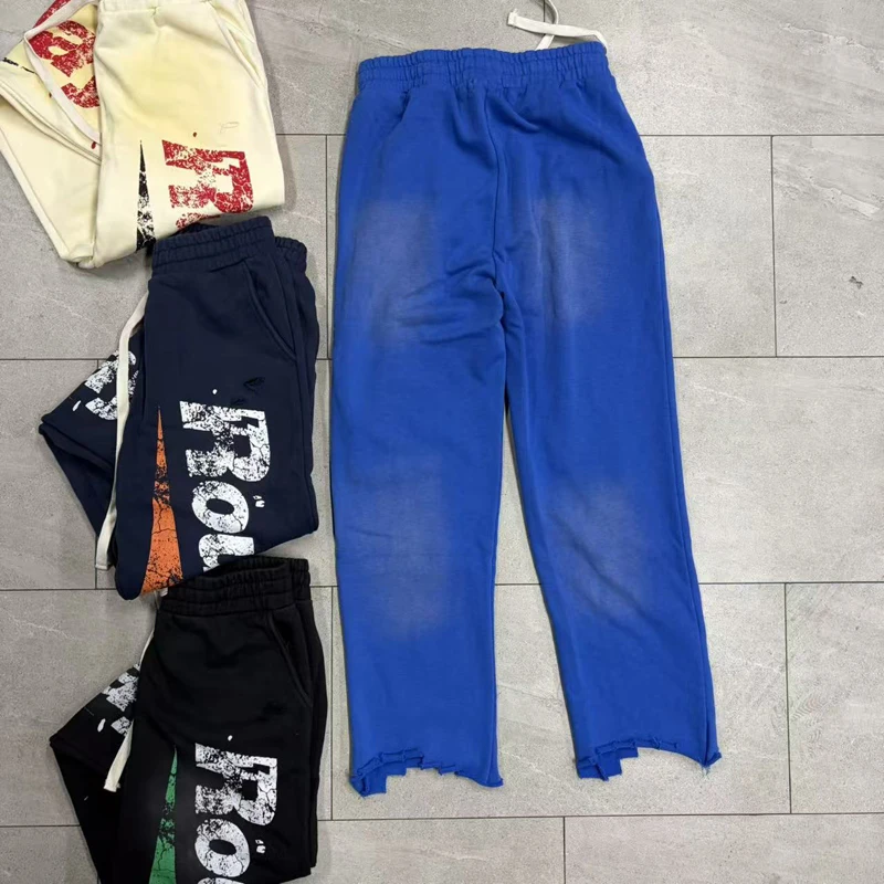 Street Trend Brand Blue Sweatpants Splashed Ink Print Quality Washed Water Retro Casual Comfortable Roughplay Pants