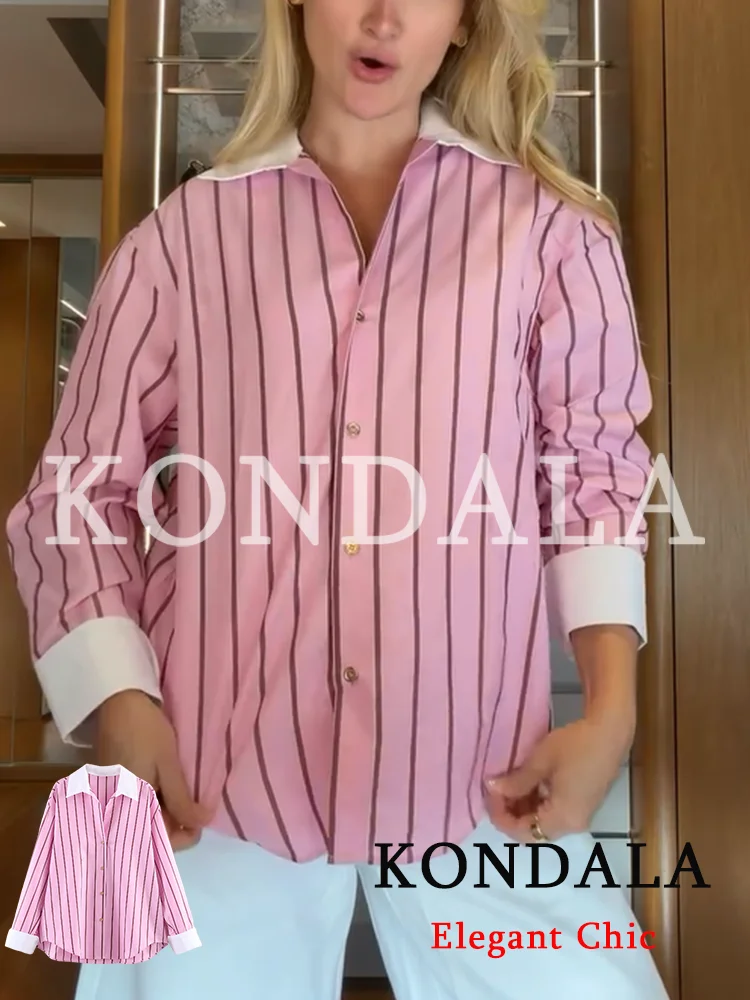 KONDALA Damen Gestreifte Rosa Lockere Hemden Trendige Urlaubshemden mit Knöpfen und Revers Neue 2026 Frühling Sommer Mode Pendler-Damenhemd