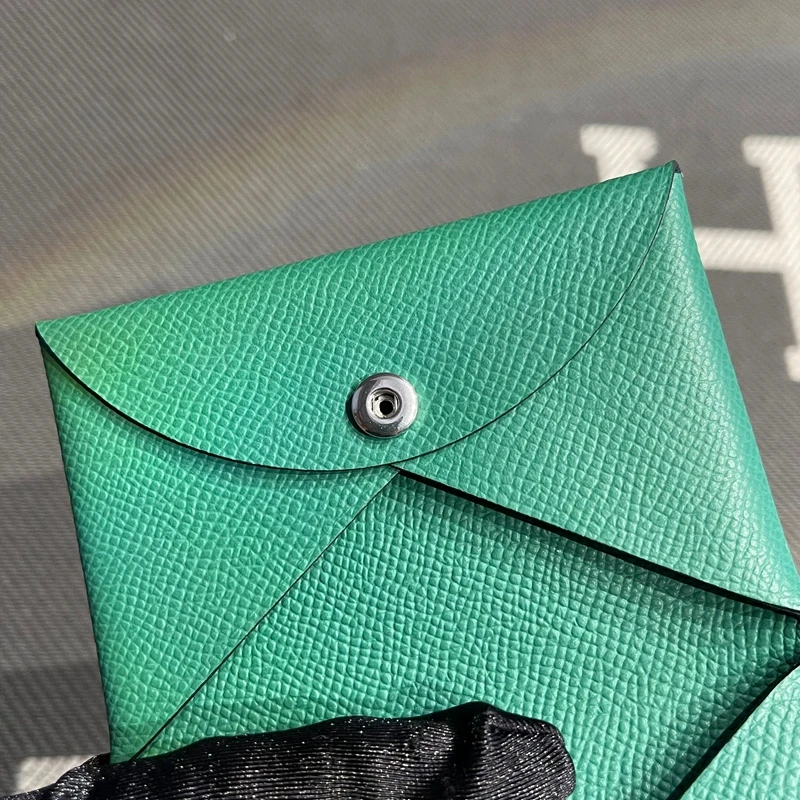 Genuine Leather Key Coin Document Wallet Button Clasp Velvet Green Practical Functional  Purse for Men And Women