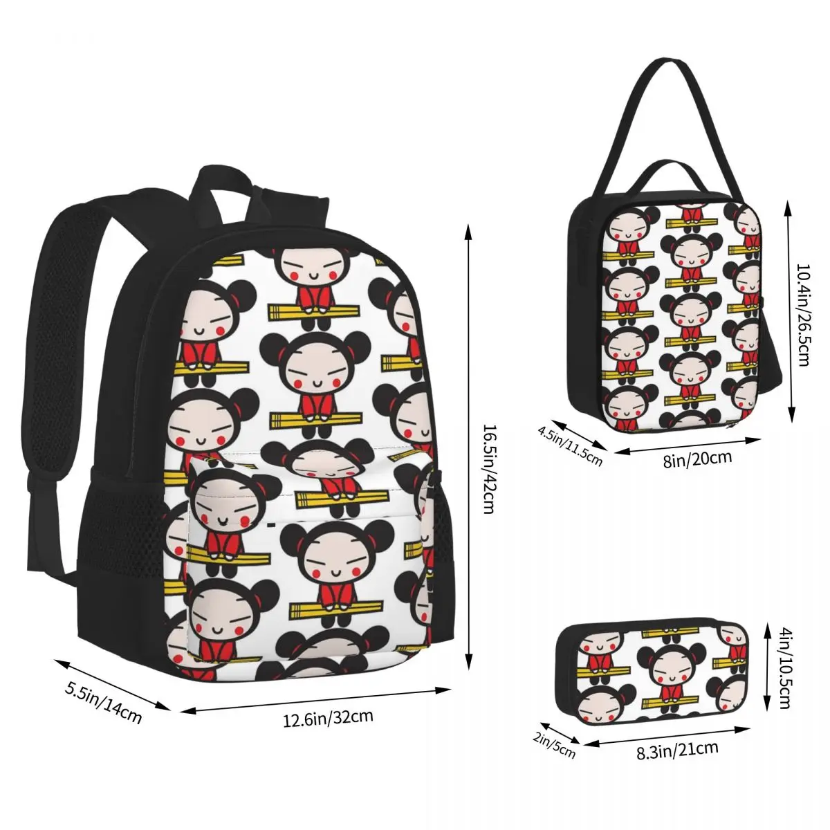 Pucca-子供、学生のブックバッグ、ランチバッグ、ペンバッグ、リュックサック、3ピースセット、男の子と女の子のためのバックパック